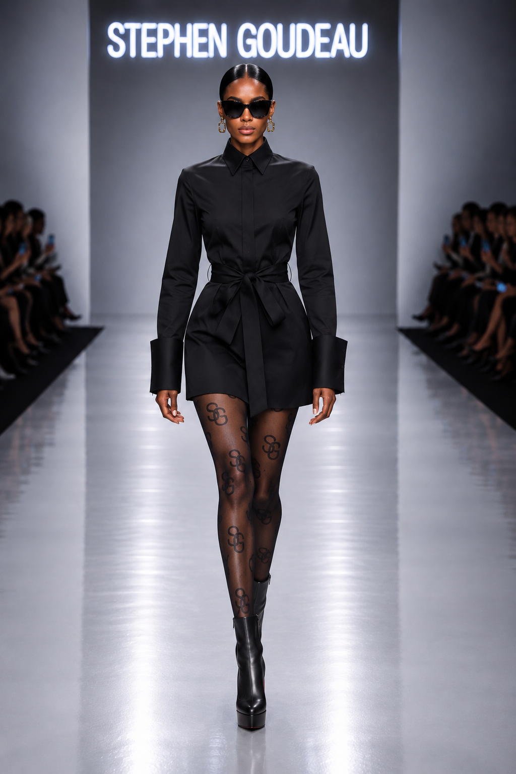 STEPHEN GOUDEAU COMMAND SS27 SG-004 Shirt Dress Mini with monogram hosiery and ankle boots