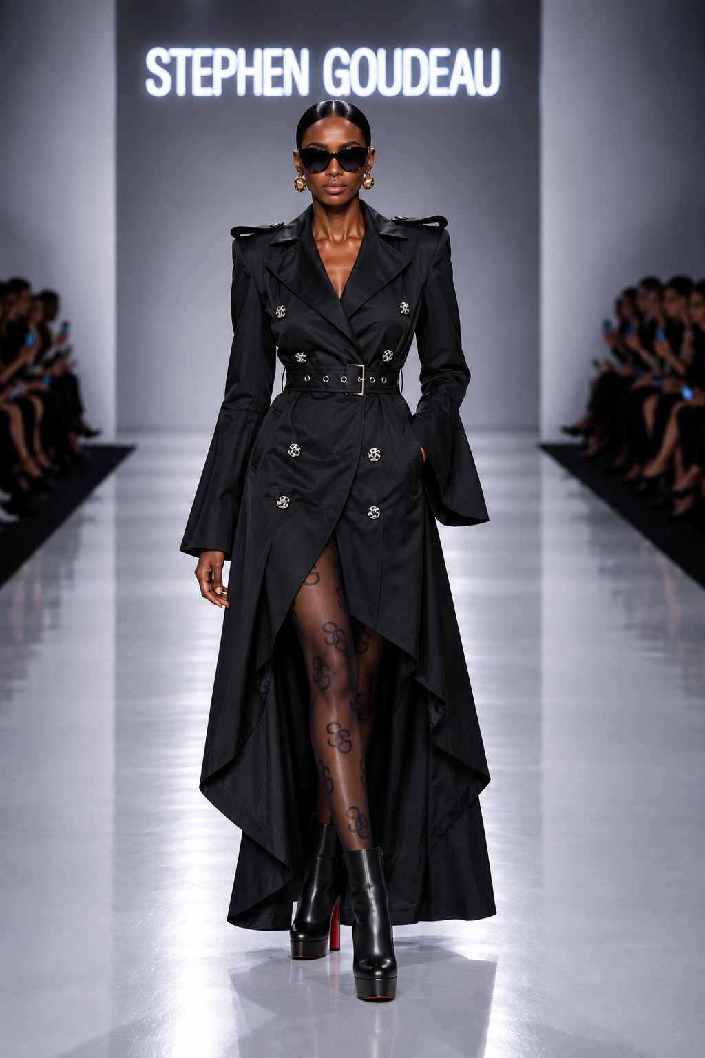 STEPHEN GOUDEAU COMMAND SS27 SG-007 Trench Coat Black with monogram hosiery and ankle boots