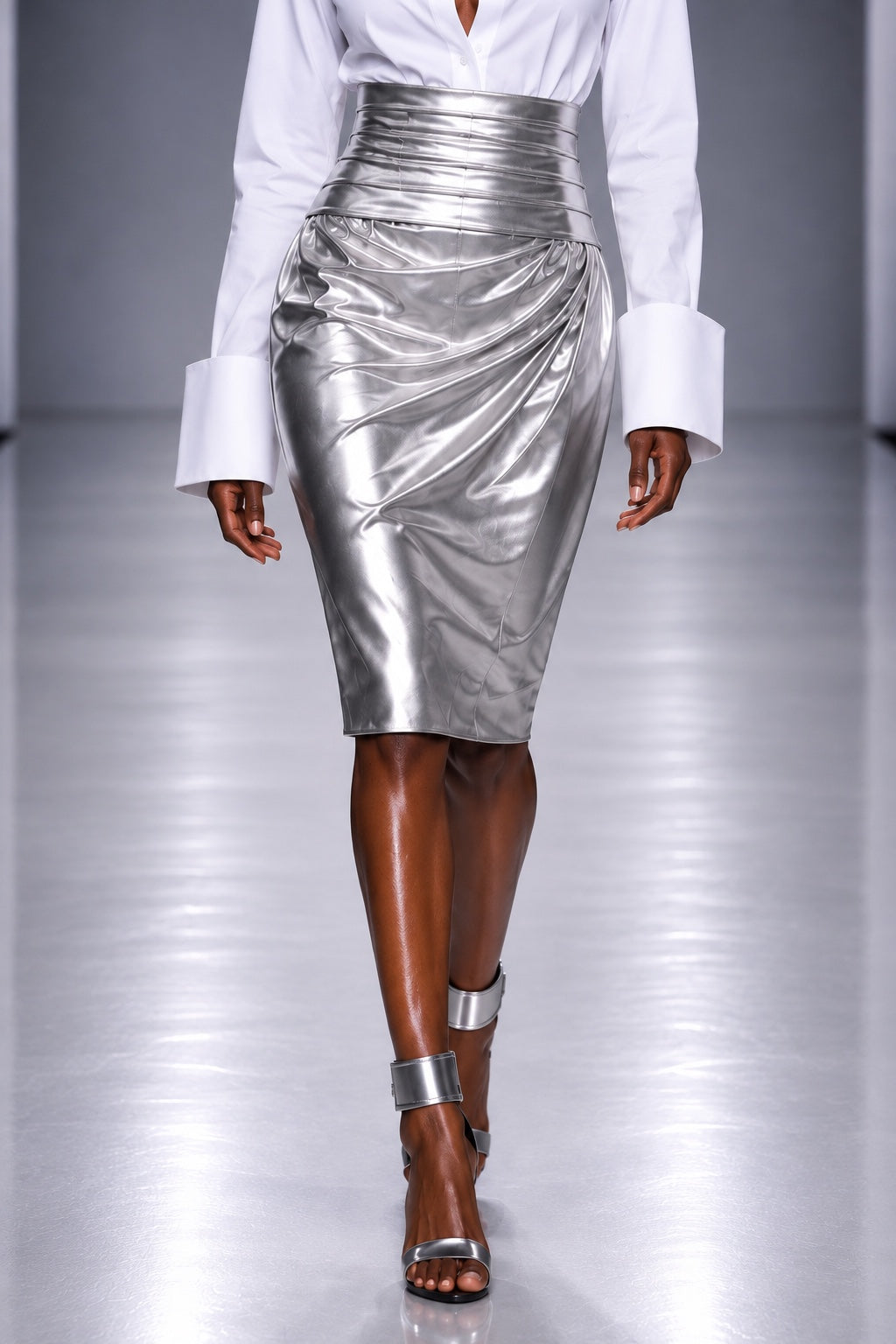 SG-013 Sculpted Pencil Skirt — Burnished Silver — COMMAND Spring Summer 2027